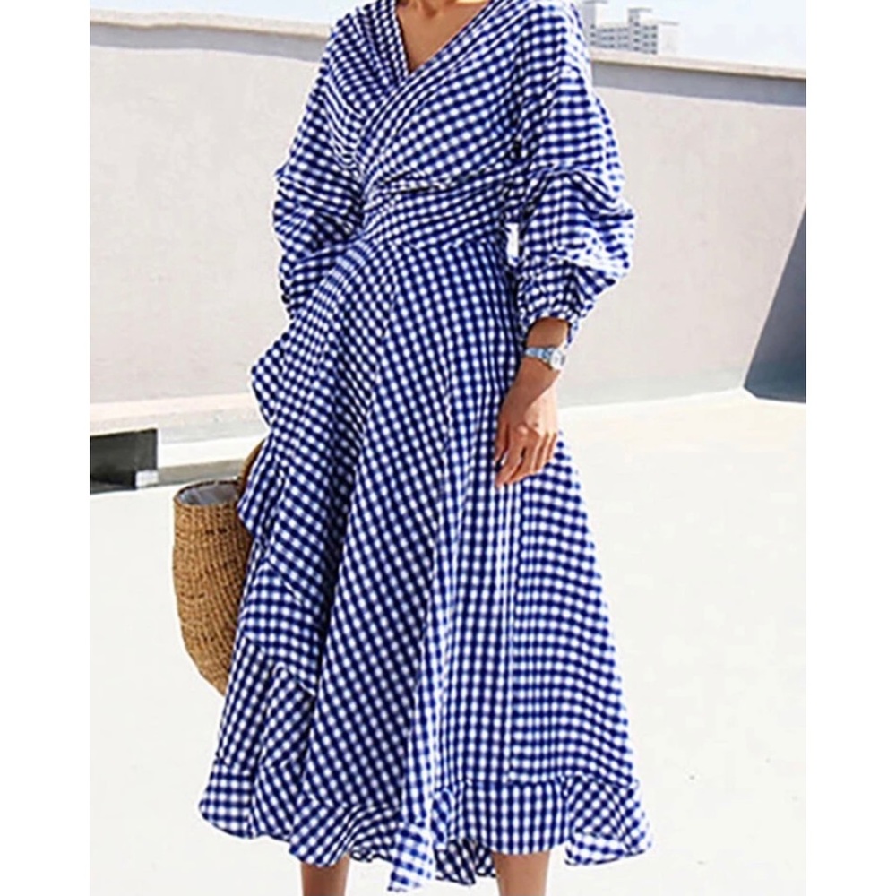 VONDA Plaid Ruffled Hem Belt 3/4 Sleeve V-Neck Midi Dress